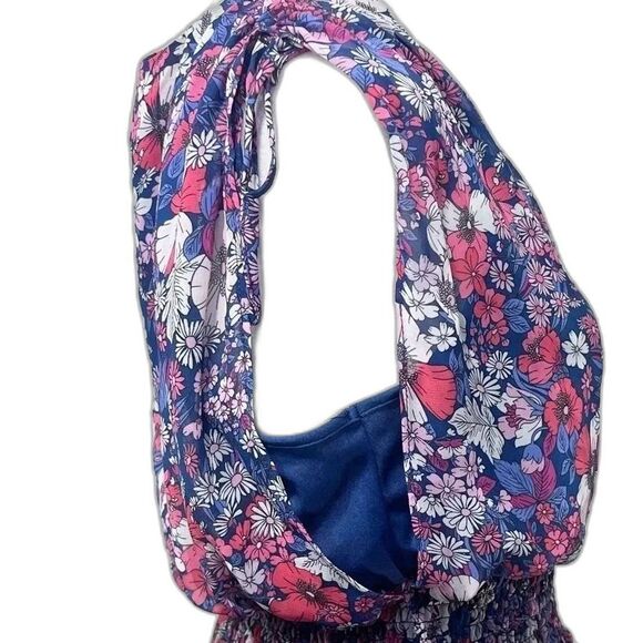 BCBG Paris Chiffon Blue Red Floral Tie Shoulder Sleeveless Midi Dress Size 12 14 - Picture 5 of 9